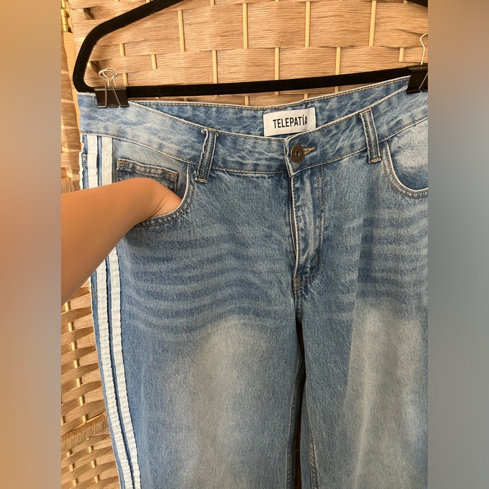 Telepatia Wide Leg Light Blue Jeans with Side Stripe - Picture 10 of 10